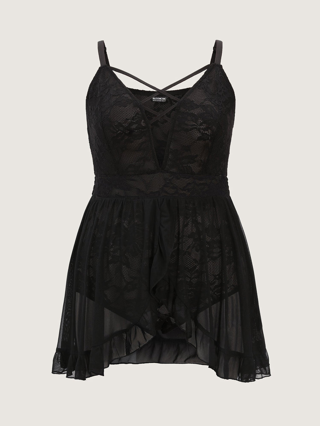 Lace Sheer Deep V-Neck Ruffled Sleep Dress