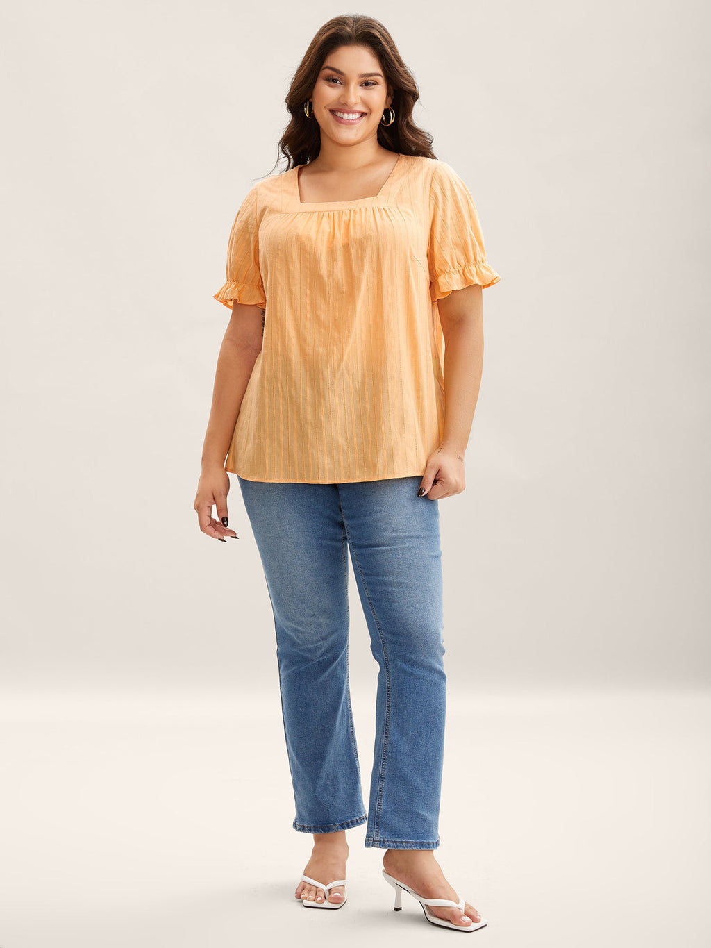 Cotton Square Neck Ruffled Sleeve Shirt