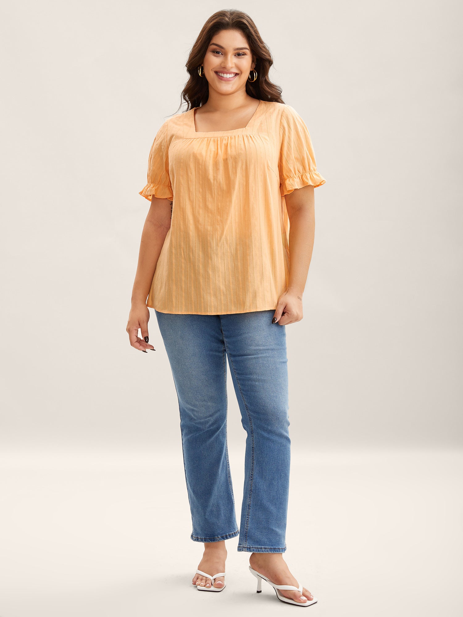 Cotton Square Neck Ruffled Sleeve Shirt