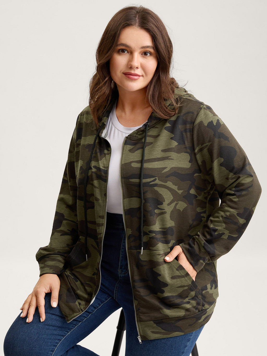 Camouflage Print Stretchy Zipper Hoodie