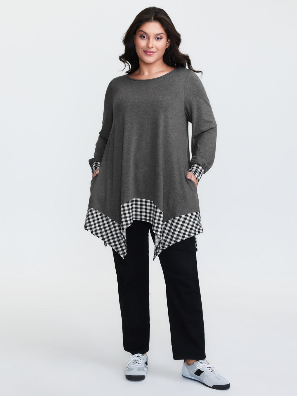 Supersoft Stretchy Checkered Asymmetrical Hem T-Shirt
