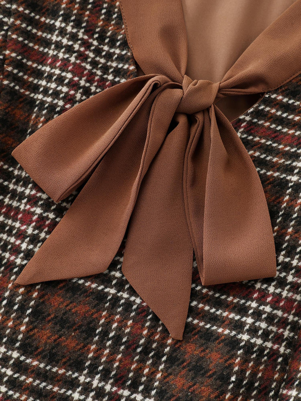 Vintage Check Tweed Ribbon Collar Midi Dress