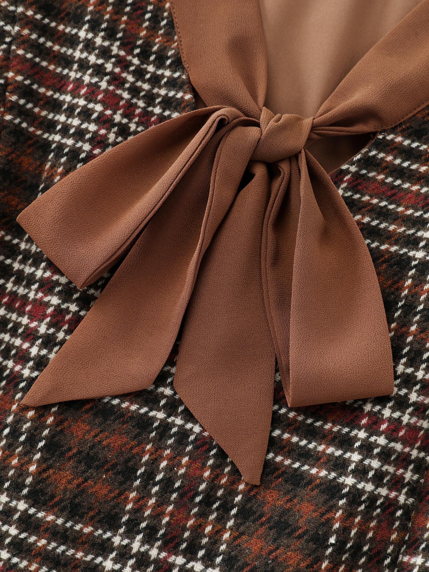 Vintage Check Tweed Ribbon Collar Midi Dress