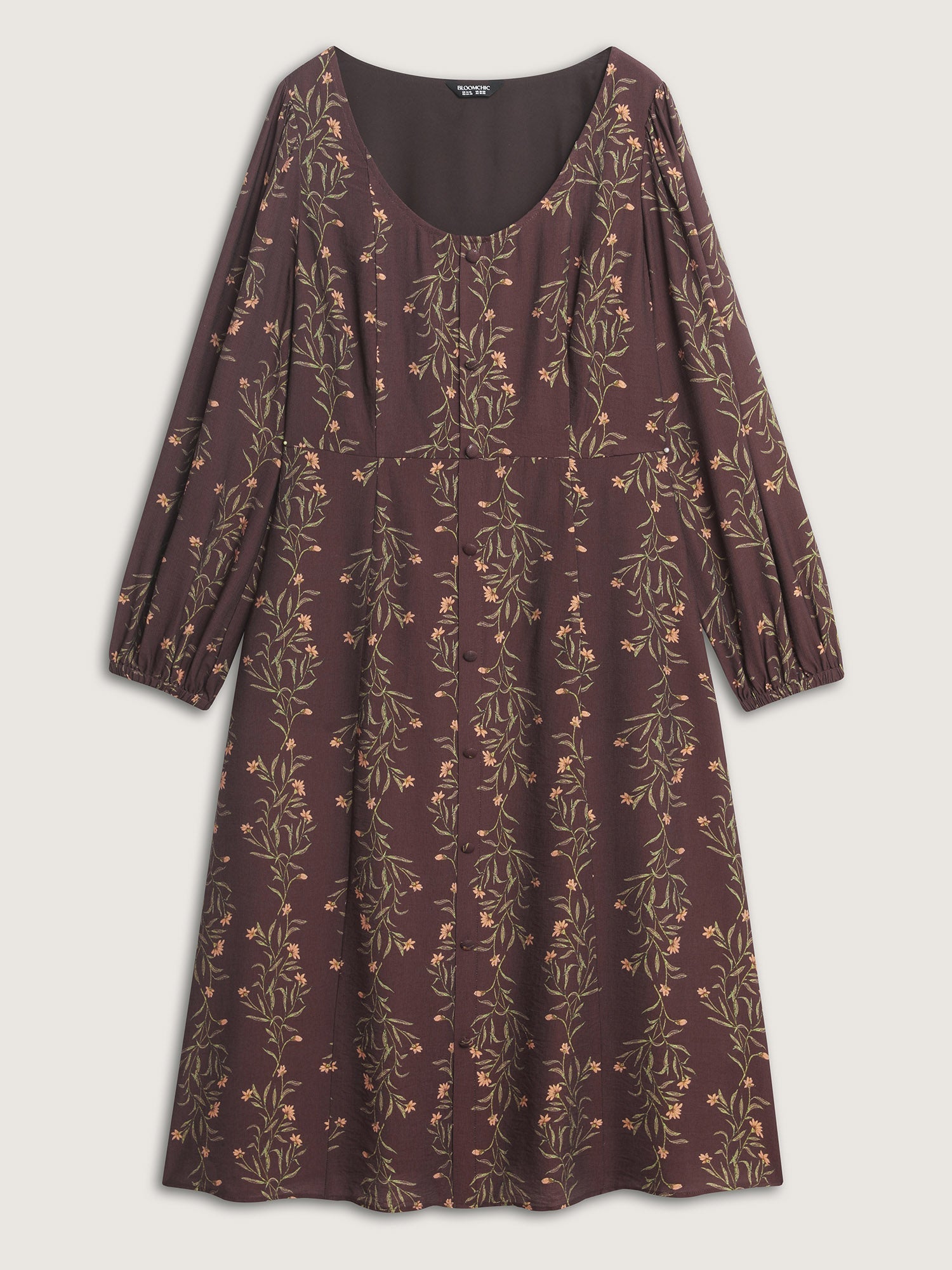 Floral Print Button Detail Round Neck Midi Dress