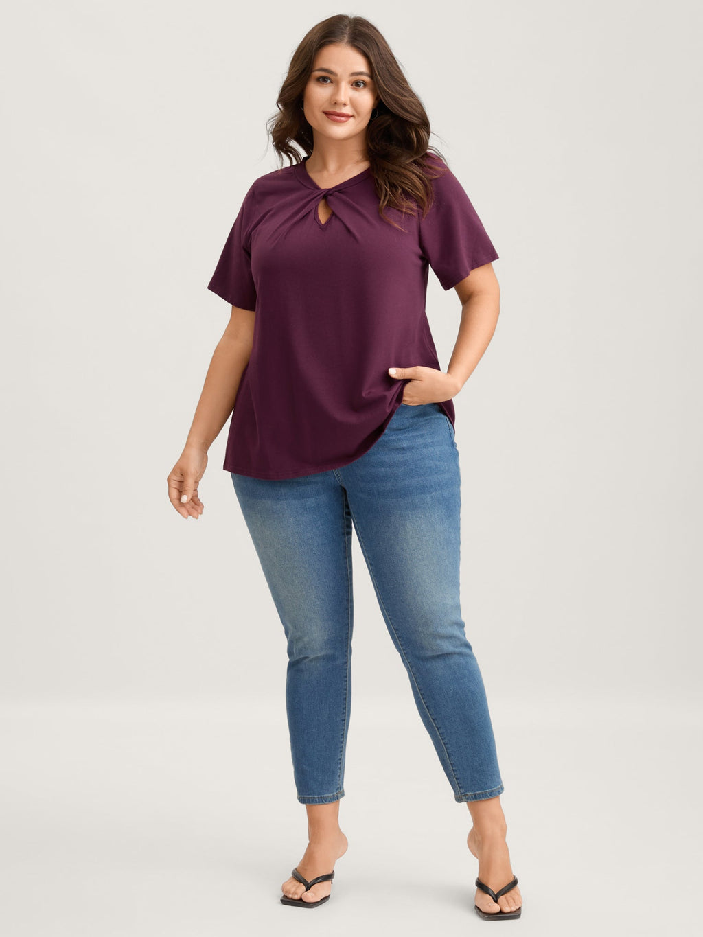 Knotted Cut-Out Neckline Solid T-Shirt