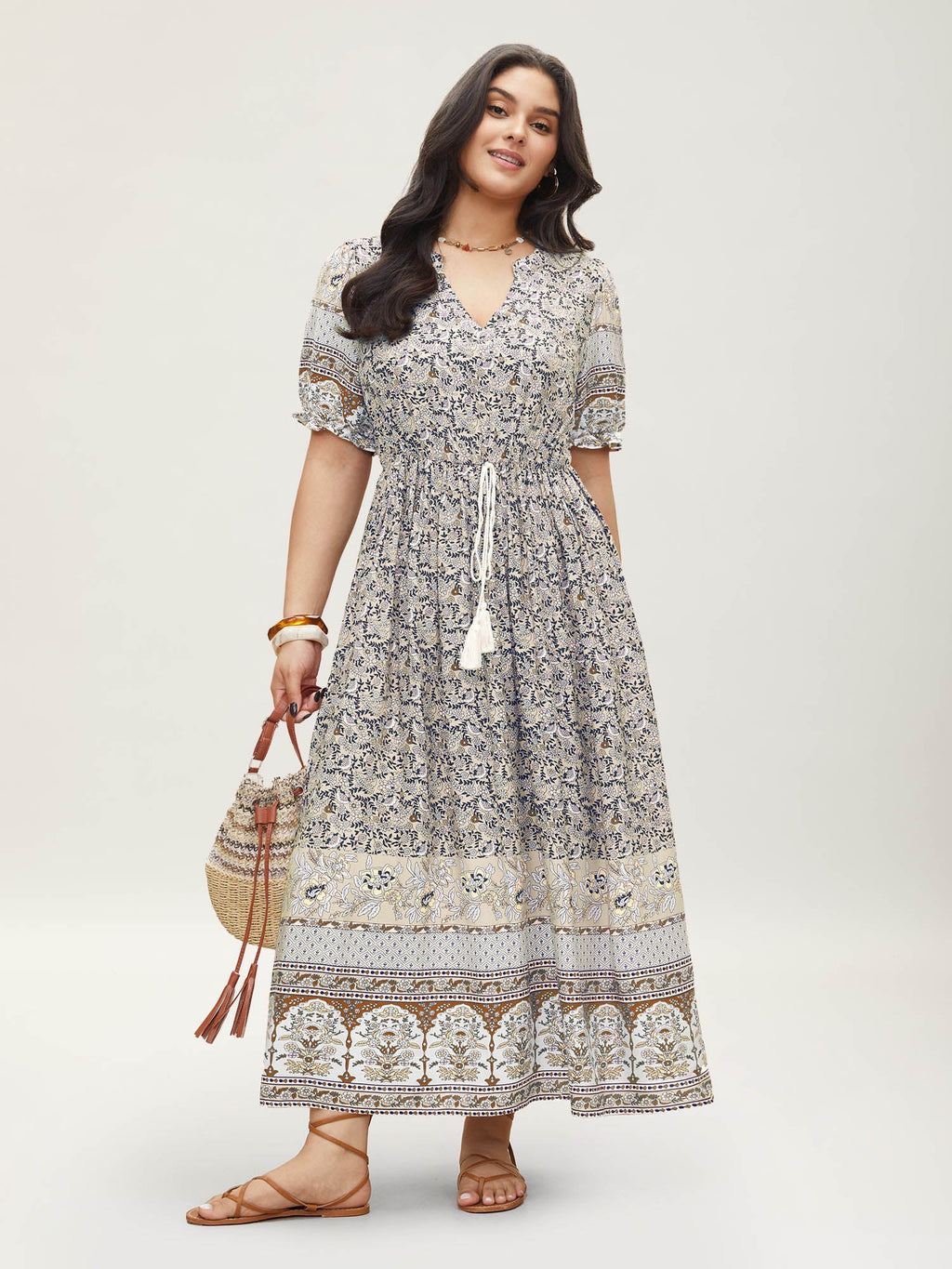 Boho Print Notched Ties Tassel Trim Dress