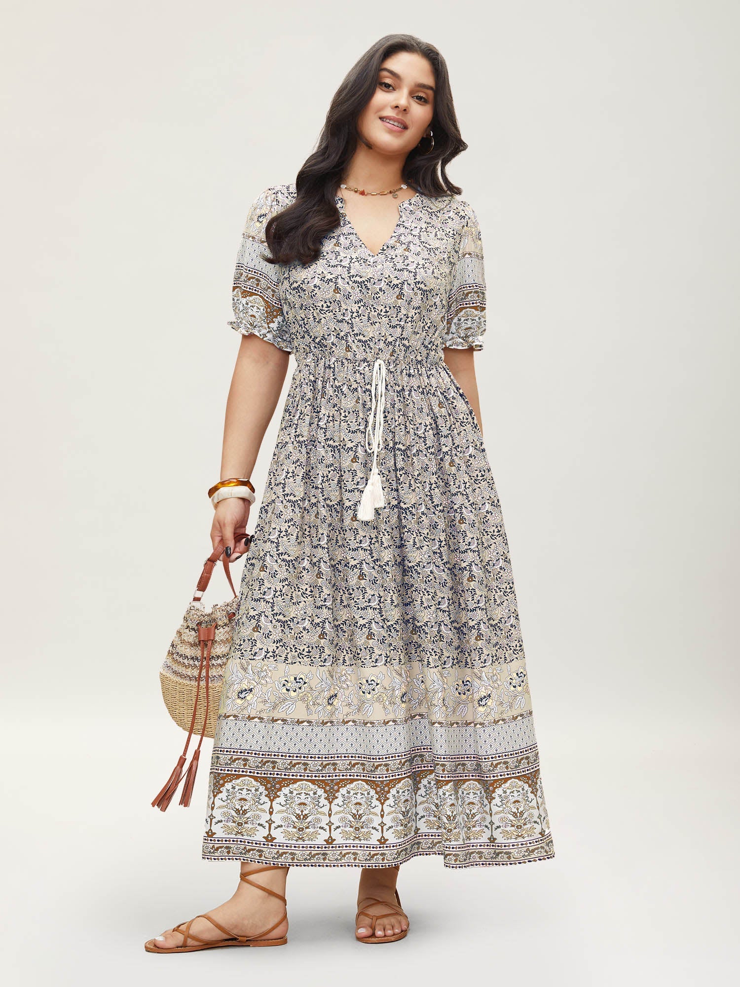Boho Print Notched Ties Tassel Trim Dress