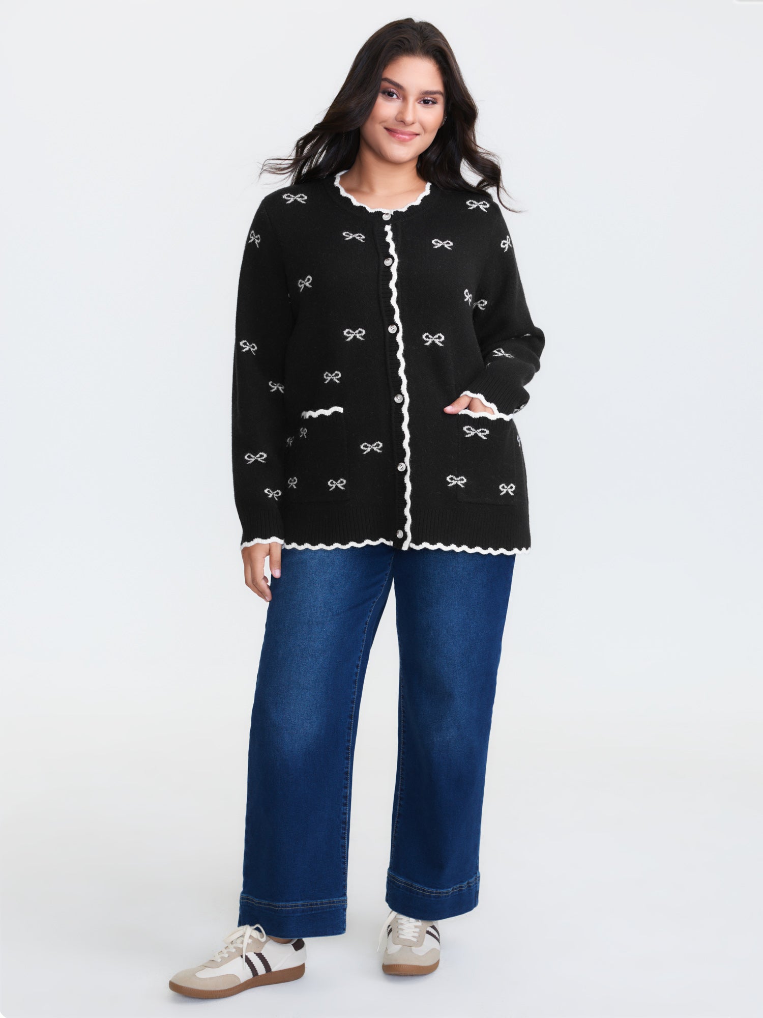 Bowknot Jacquard Wavy Edge Knit Cardigan