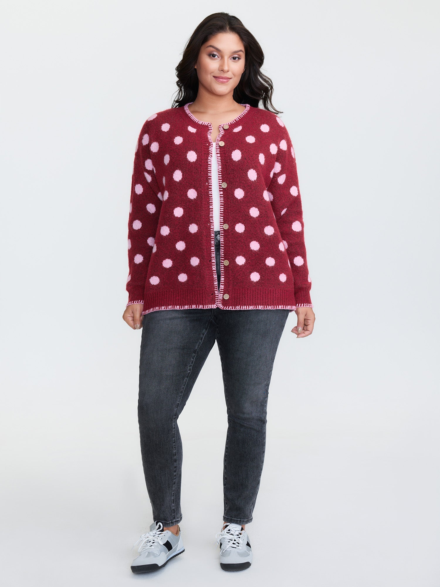 Polka Dots Jacquard Buttons Knit Cardigan
