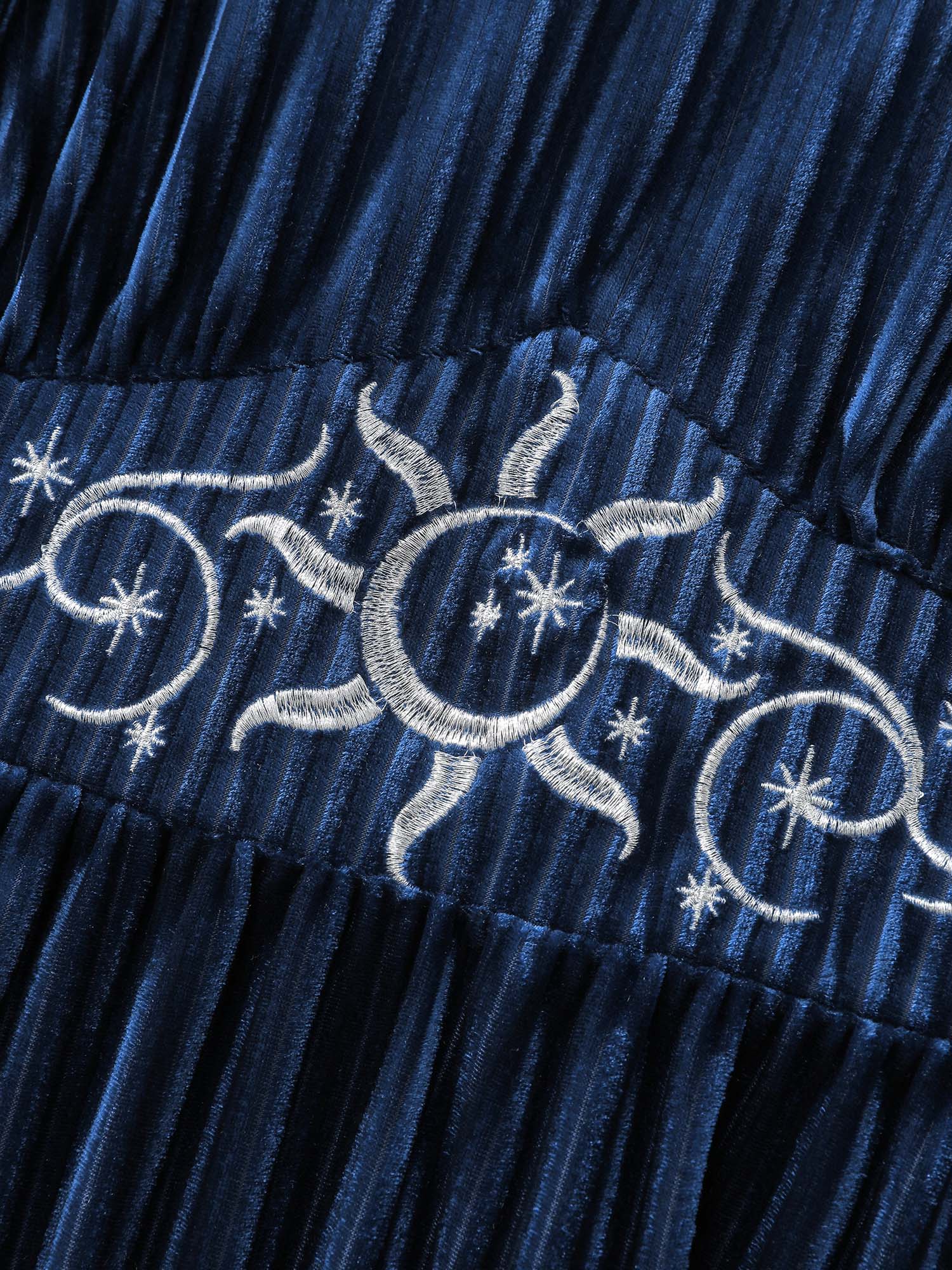 Velvet Celestial Embroidery Shirred Maxi Dress