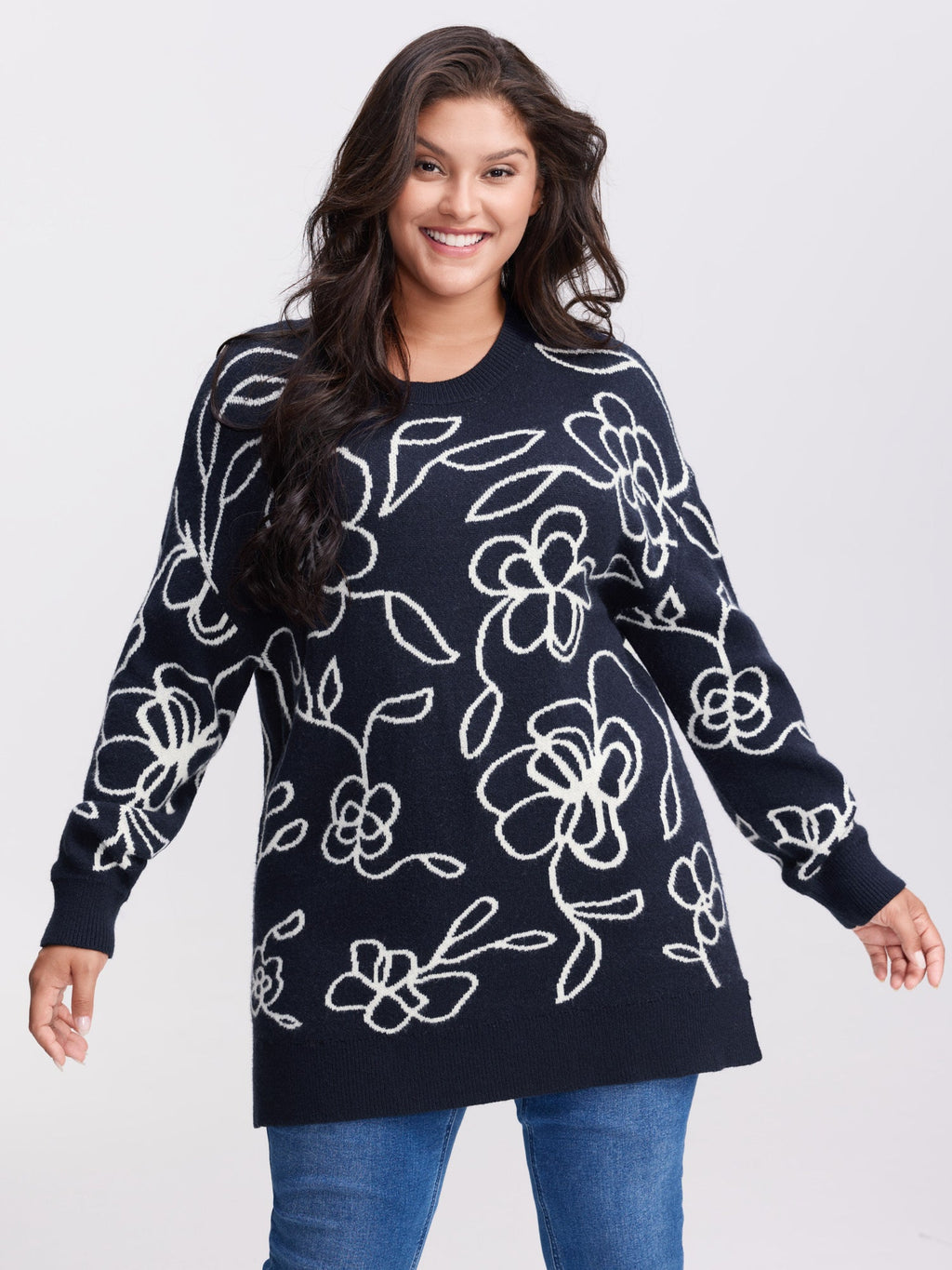 Supersoft Round Neck Floral Split Hem Pullover