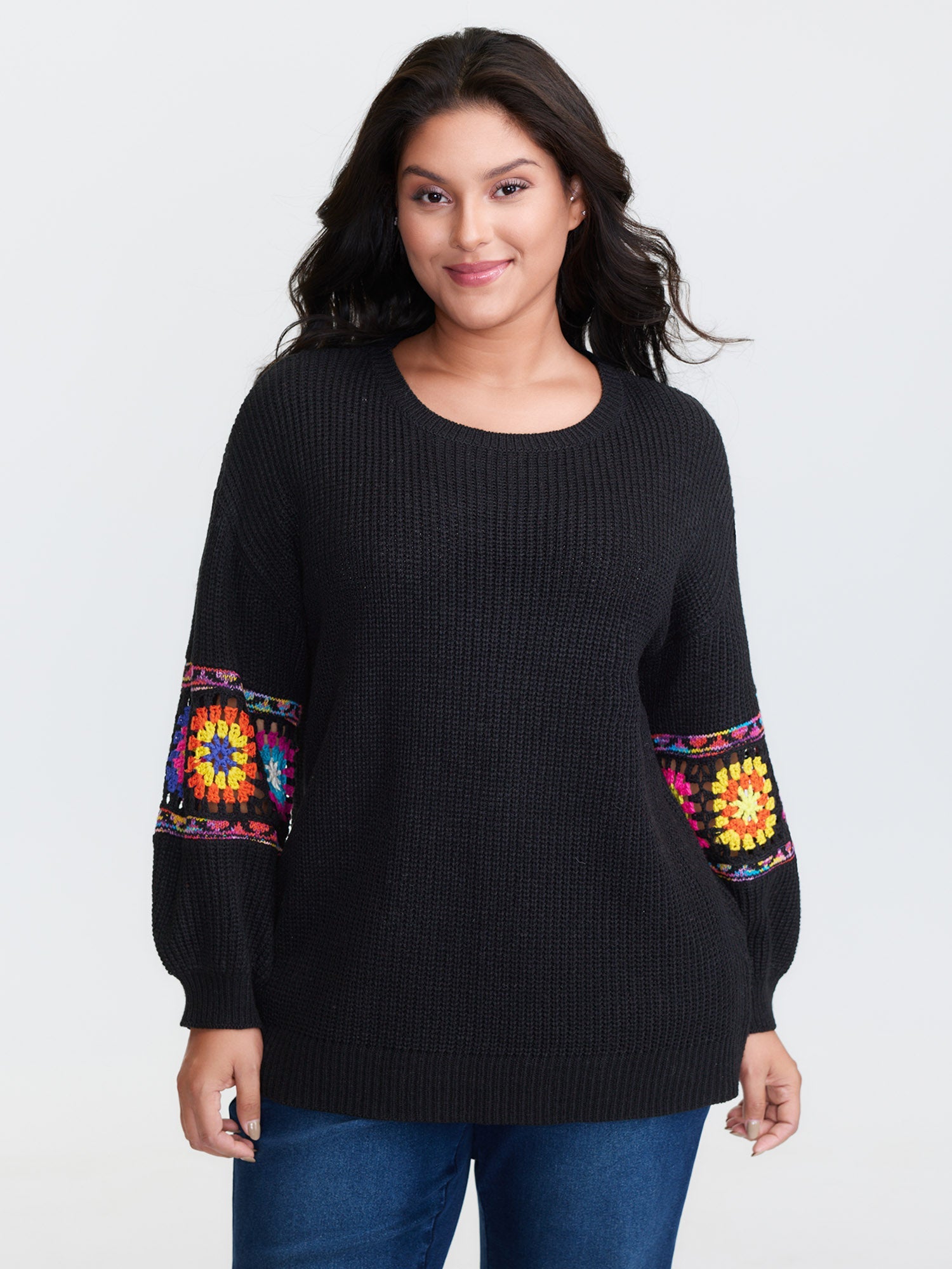 Crochet Floral Sleeve Lace Trim Pullover