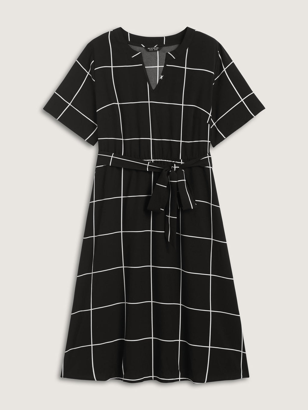 Checkered Print Belted Pockets Midi Dress