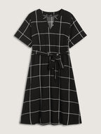 Checkered Print Belted Pockets Midi Dress