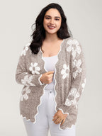 Floral Pattern Open-Front Knitted Cardigan