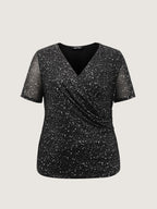 Shimmery Wrap Neck Sheer Sleeve T-Shirt
