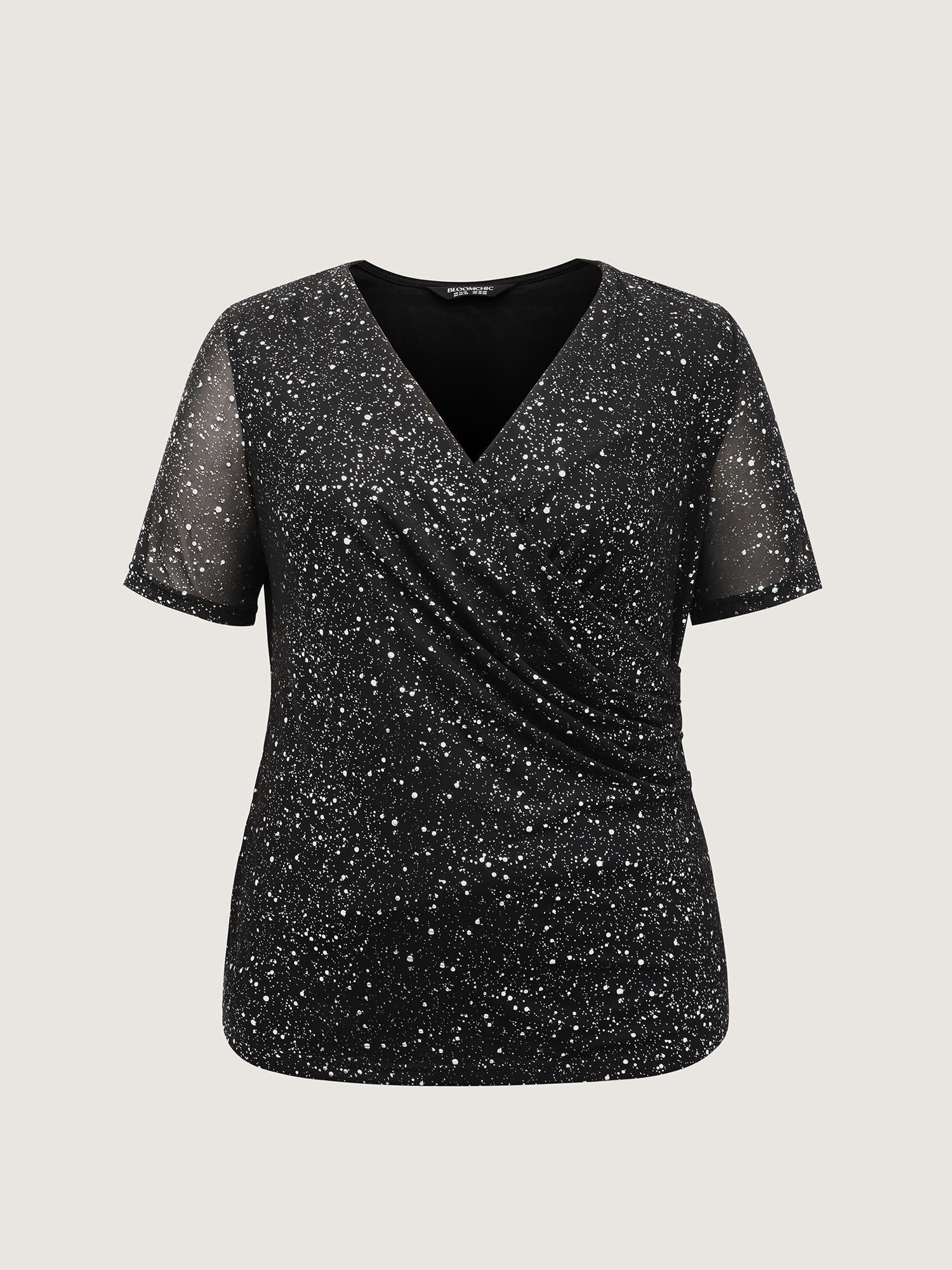 Shimmery Wrap Neck Sheer Sleeve T-Shirt