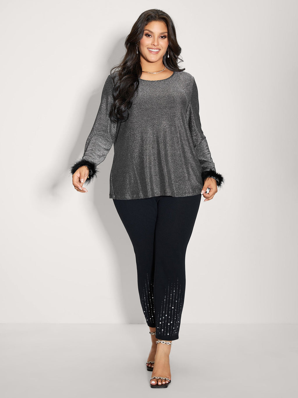 Shiny Silk Fur Cuffs Blouse