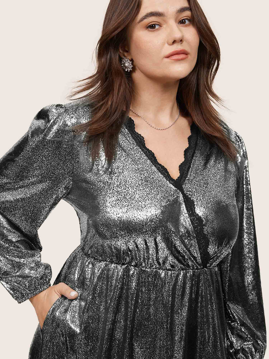 Glitter Contrast Lace Wrap Elastic Waist Dress