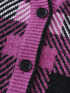 Fuzzy Plaid Pattern Button Knit Cardigan