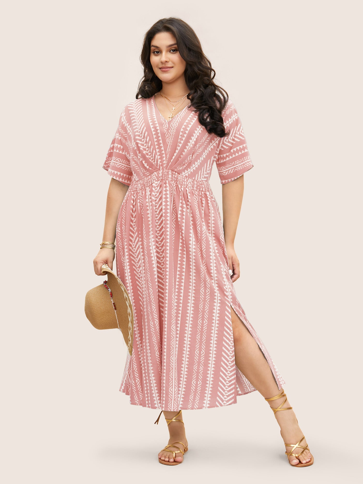 Solid Geometric Dolman Sleeve Pocket Shirred Split Hem Dress