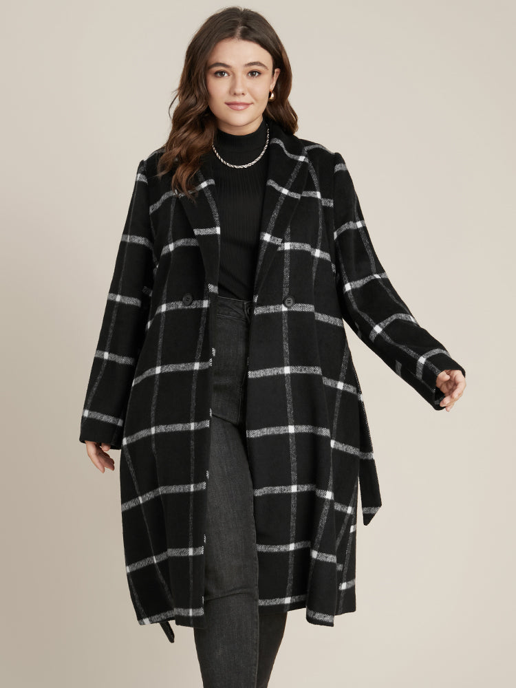 Plaid Lapel Collar Belted Pocket Coat
