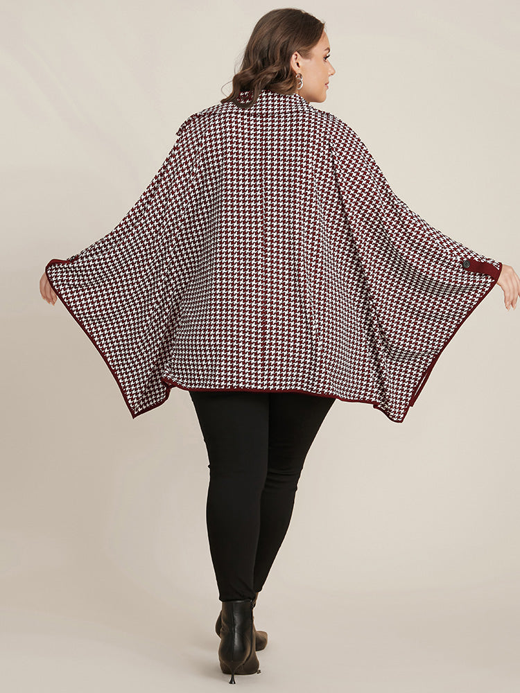 Houndstooth Contrast Dolman Sleeve Suit Collar Belted Coat
