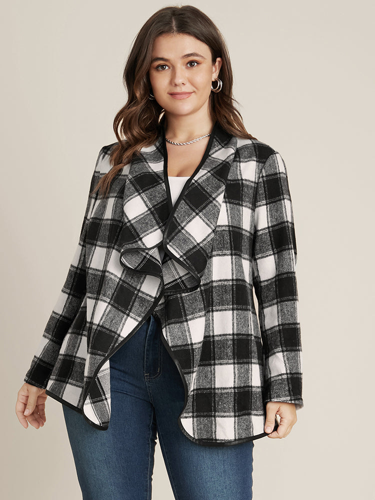 Plaid Waterfall Collar Open Front Coat