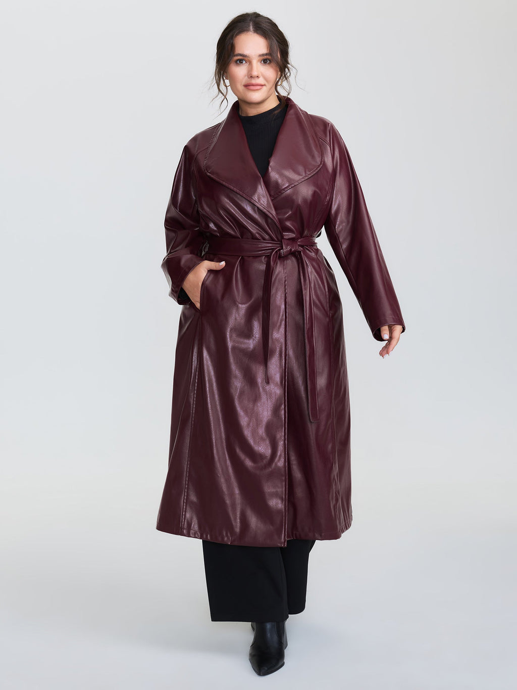 Artificial Leather Belted Waist Long Coat