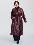 Artificial Leather Belted Waist Long Coat