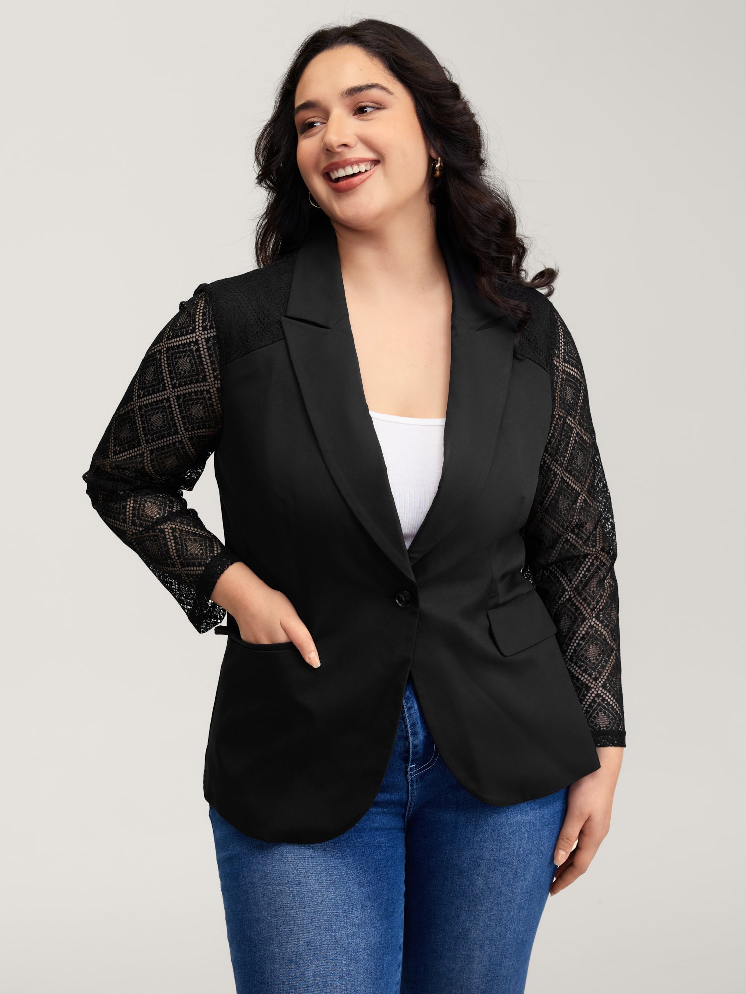 Stretchy Textured Sheer Sleeve Contrast Blazer