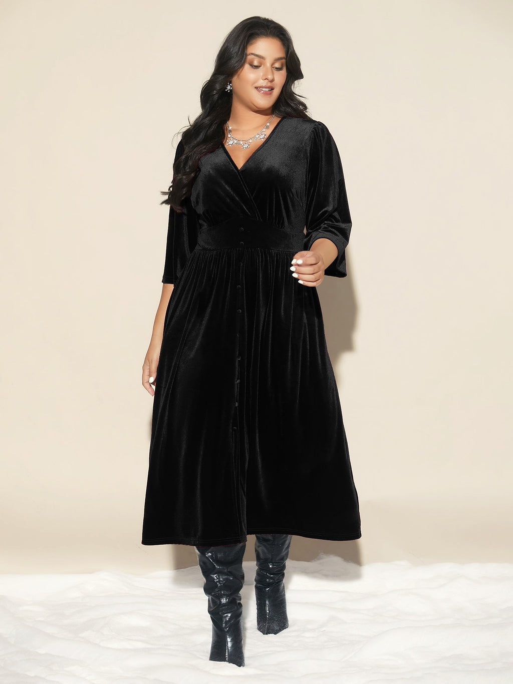 Velvet Ruched Surplice Neckline Midi Dress