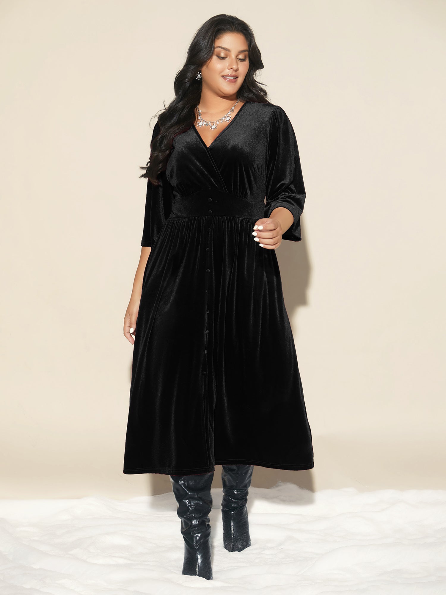 Velvet Ruched Surplice Neckline Midi Dress