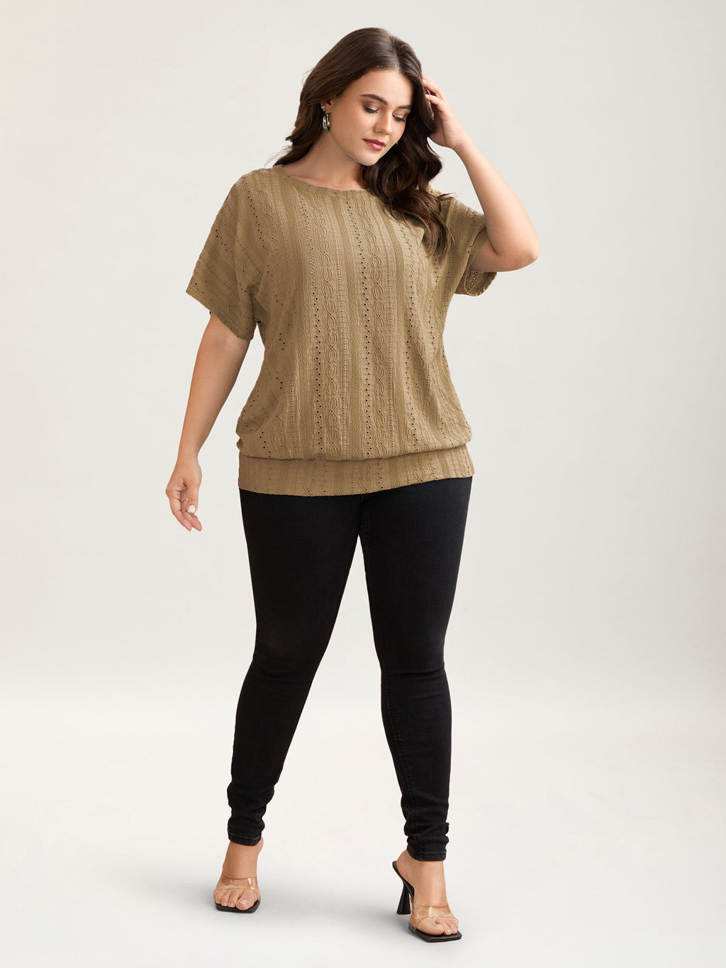 Eyelet Trim Stretchy Textured Plain Top