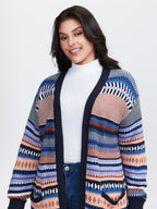 Multicolor Stripe Jacquard Pockets Knit Cardigan