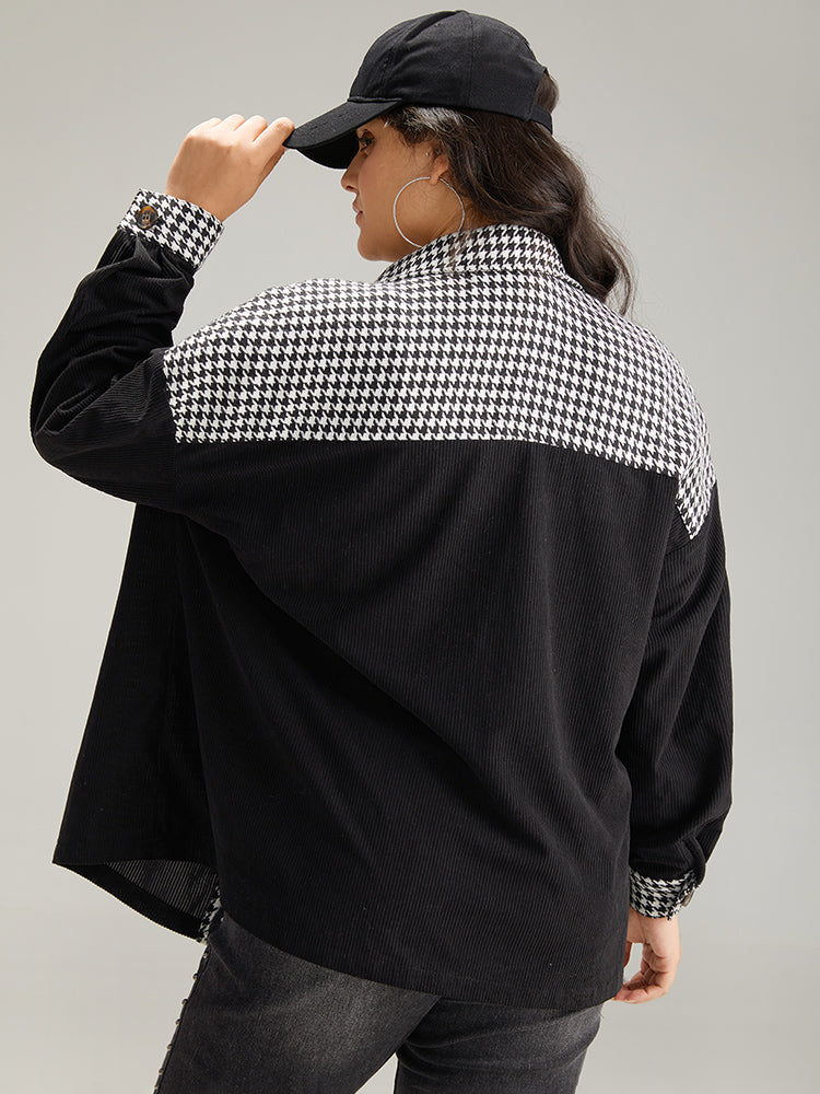 Houndstooth Patchwork Pocket Button Through Corduroy Coat