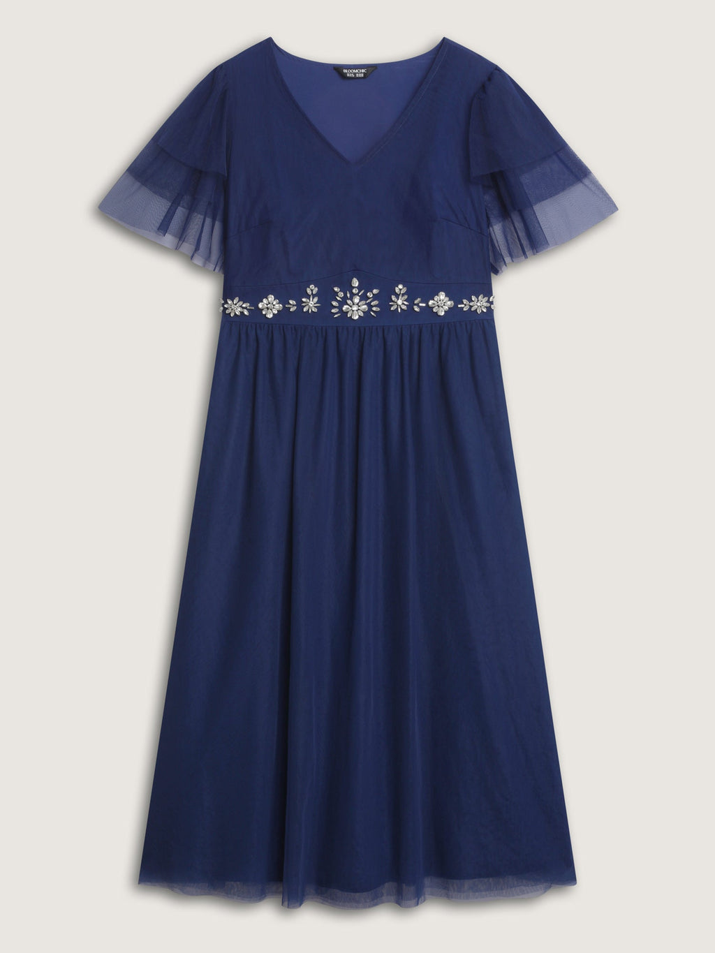 Rhinestone Triangular Mesh Cinched-Waist Maxi Dress