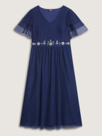 Rhinestone Triangular Mesh Cinched-Waist Maxi Dress