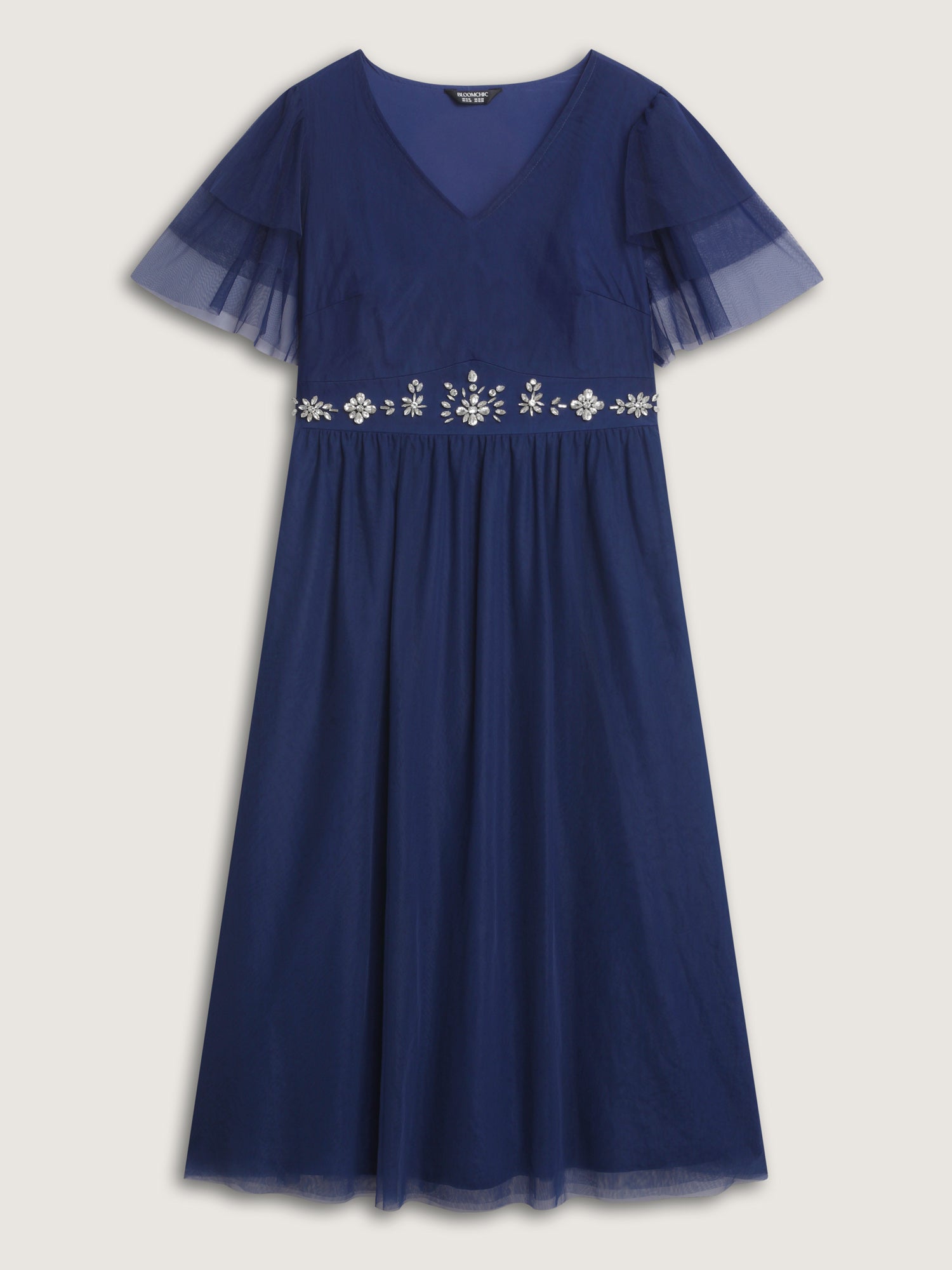 Rhinestone Triangular Mesh Cinched-Waist Maxi Dress