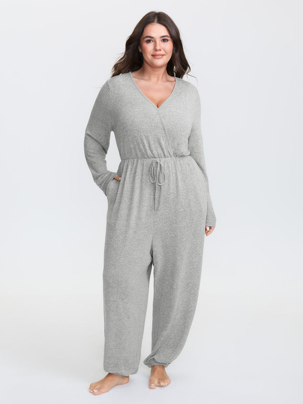 Elastic Waist Overlap Collar Lounge Jumpsuit