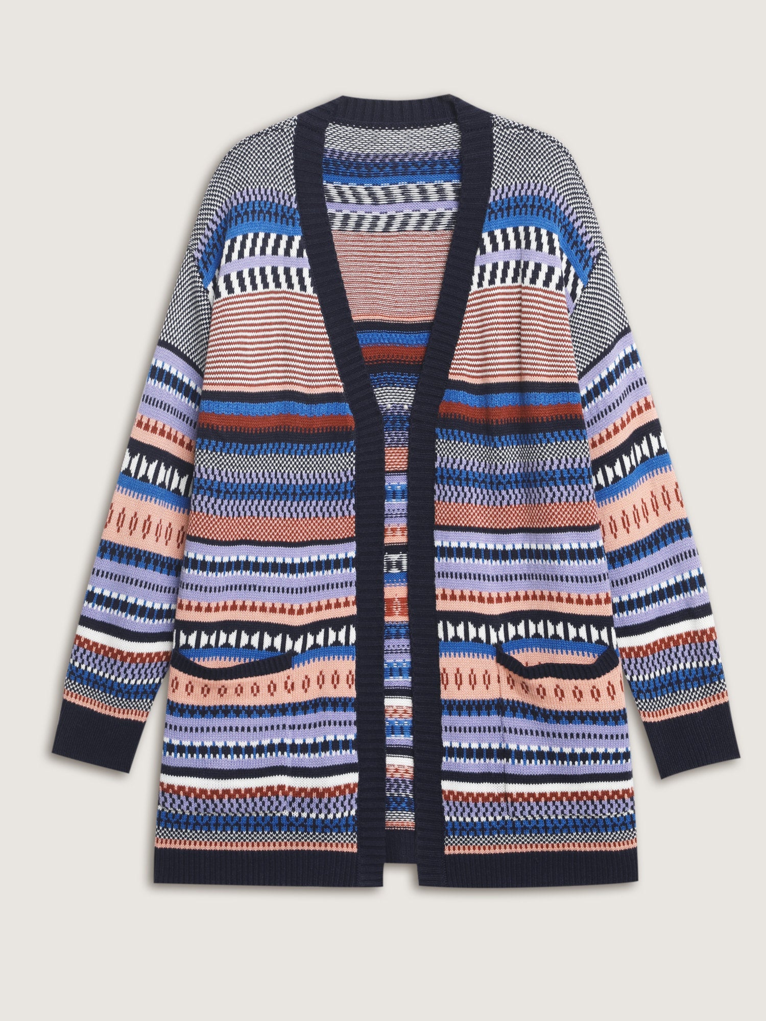 Multicolor Stripe Jacquard Pockets Knit Cardigan