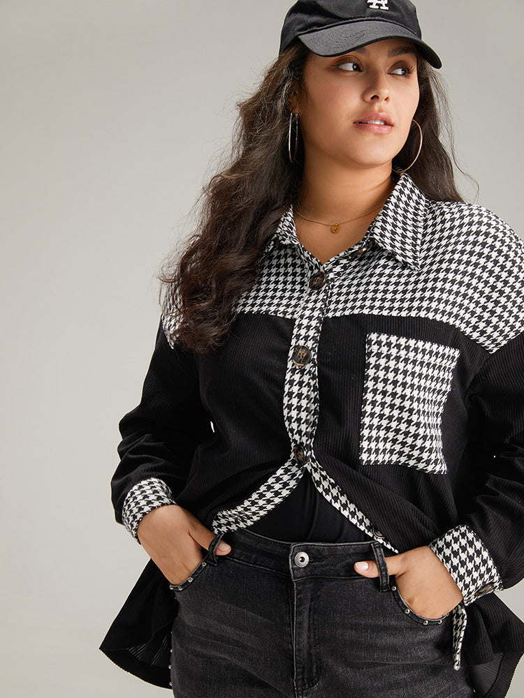 Houndstooth Patchwork Pocket Button Through Corduroy Coat