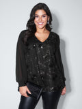 Shimmery Sequin Shirred Cuff Blouse