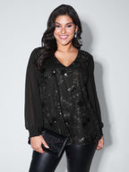 Shimmery Sequin Shirred Cuff Blouse