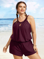 Solid Keyhole Elastic Waist Gathered One Piece Swimsuit