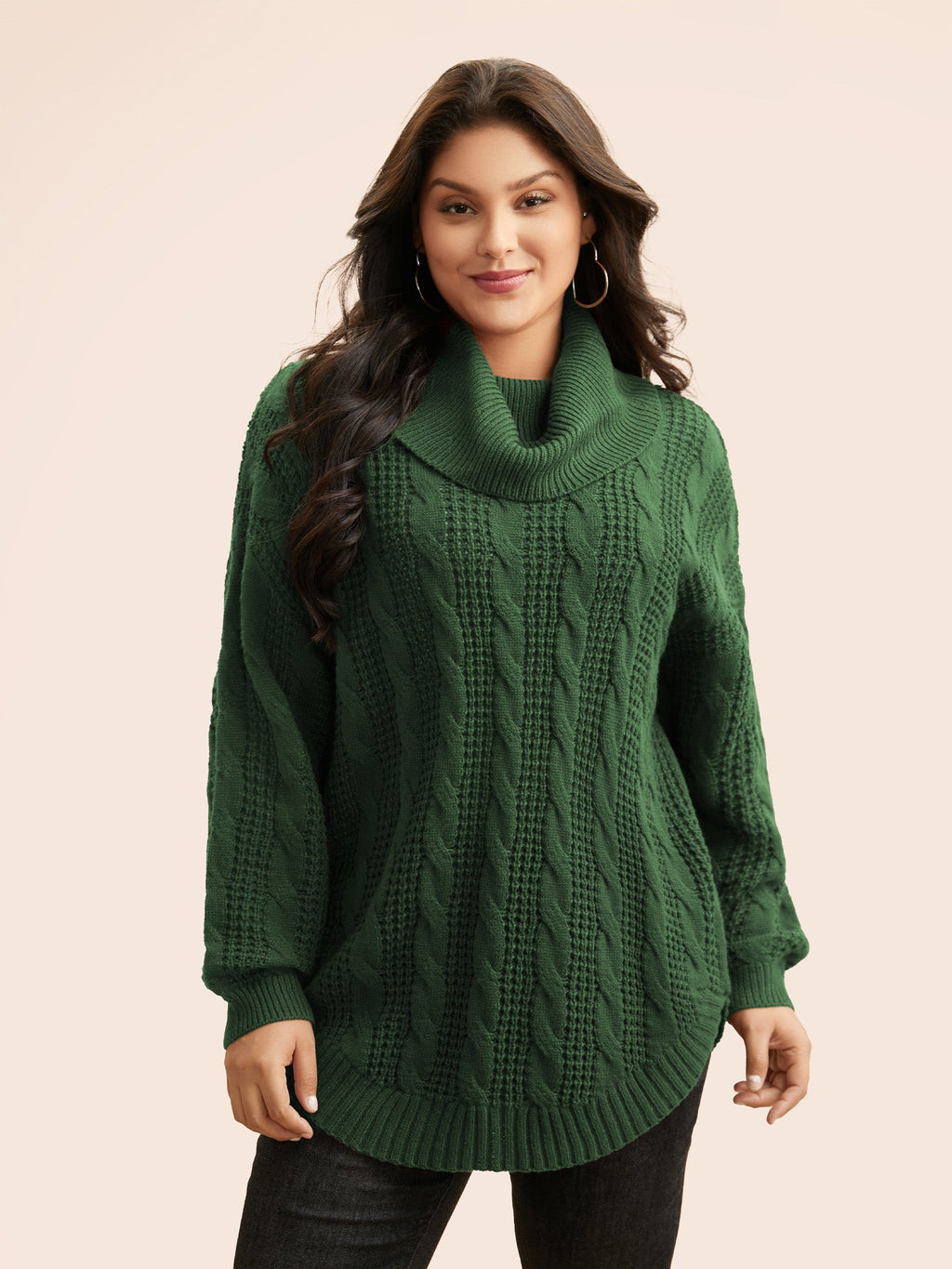 Turtleneck Cable Knit Curved Hem Pullover