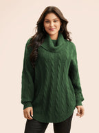 Turtleneck Cable Knit Curved Hem Pullover