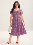 Ditsy Floral Sweetheart Drawstring Pocket Tiered Dress