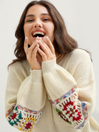 Crochet Floral Sleeve Lace Trim Pullover