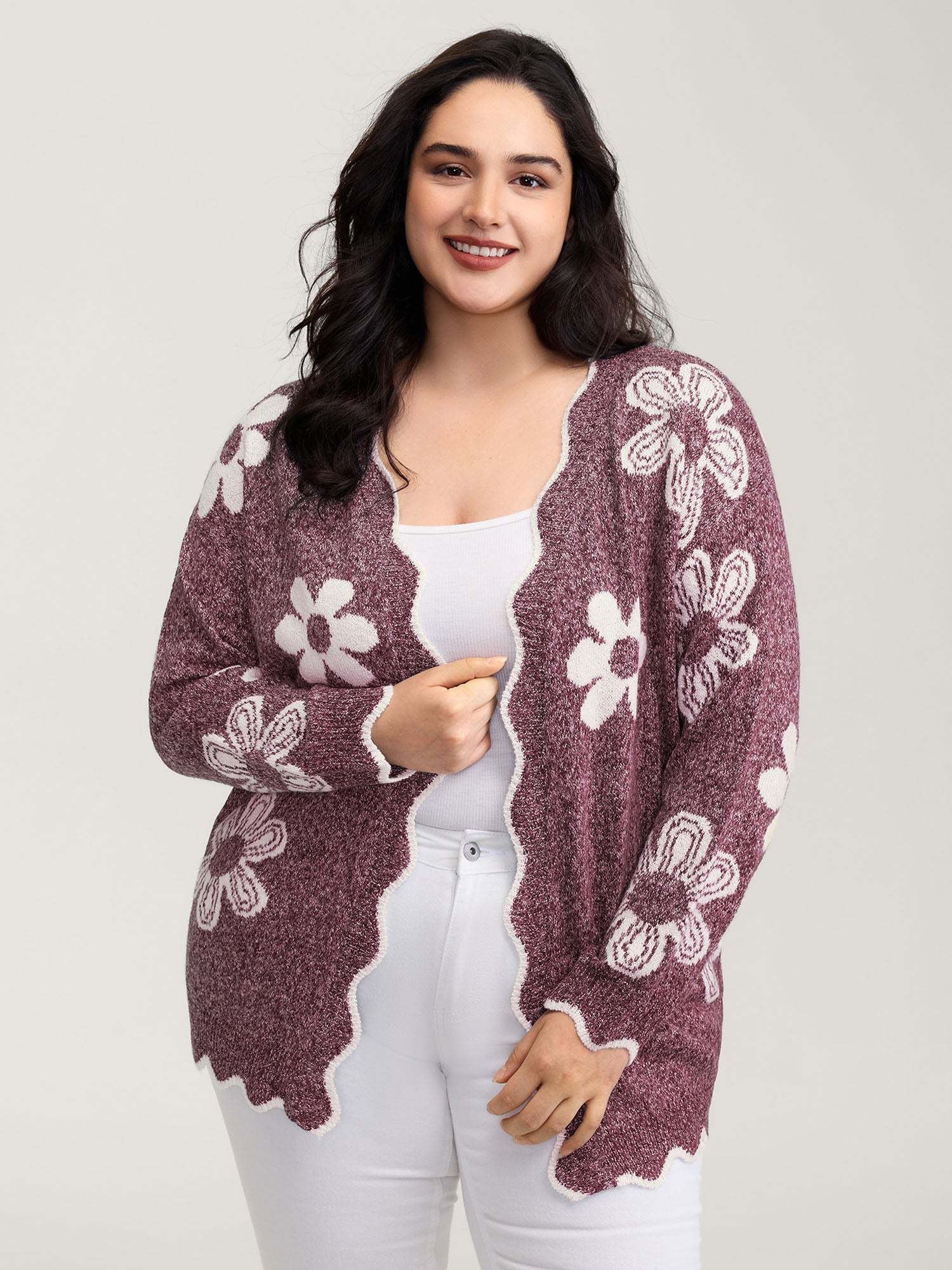 Floral Pattern Open-Front Knitted Cardigan